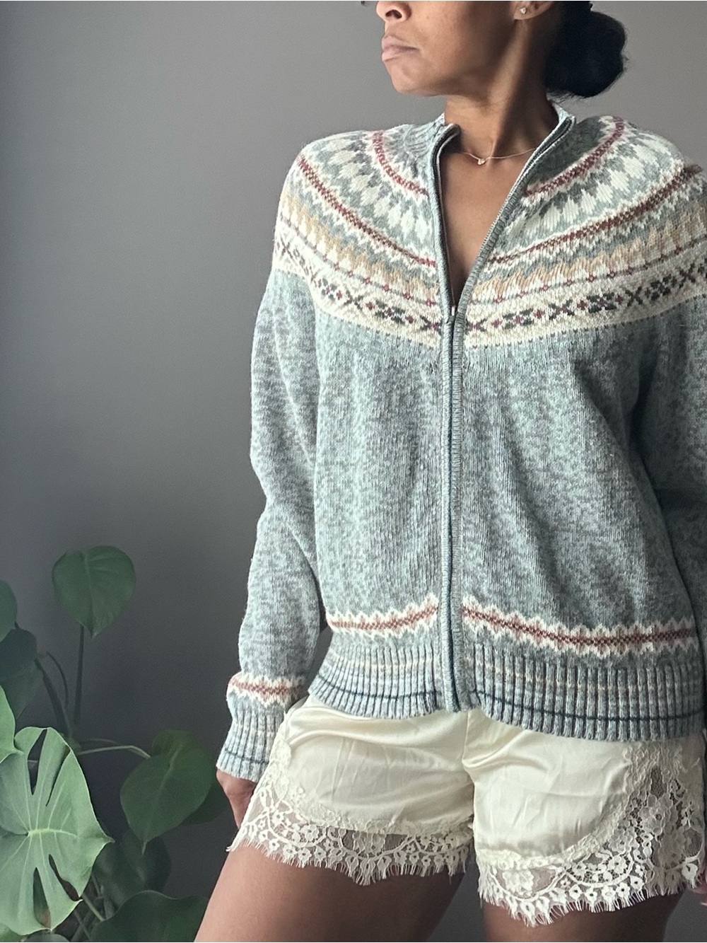 Vintage Tiara Zip Up Cardigan Sweater Size XL Fair Isle Cottagecore Blue